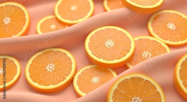 Obraz Vibrant sliced oranges scattered on soft peachy fabric for refreshing citrus theme