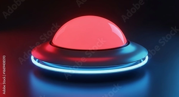 Obraz Illuminated red button with neon blue led ring on reflective surface