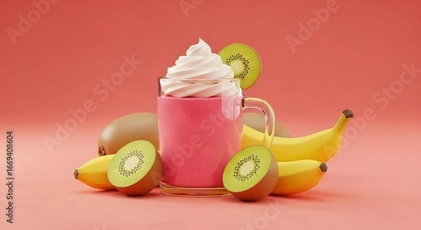 Obraz Refreshing pink fruit smoothie with whipped cream and tropical fruits kiwi and banana