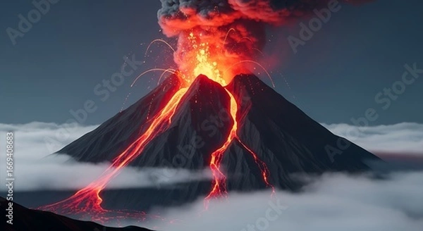 Obraz Volcano erupting spewing lava and ash into a dramatic cloudy sky at night