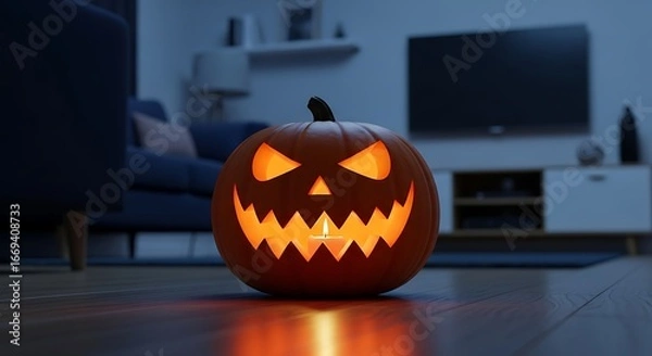 Obraz Spooky halloween jack o lantern with glowing orange face lit from within in a dimly lit room