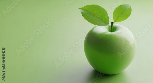 Obraz Fresh green apple with two leaves symbolizing growth health and nature with copy space