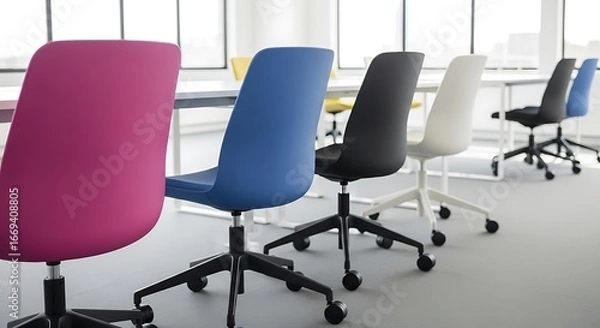 Obraz Modern office chairs in vibrant colors lined up ready for work and collaboration