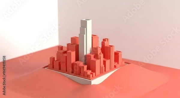 Obraz Abstract 3d cityscape with orange and white skyscrapers rising from a geometric platform