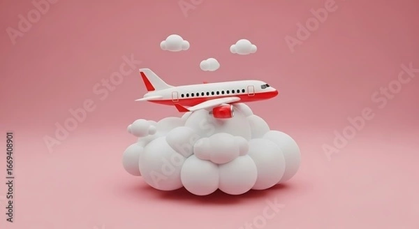 Obraz Whimsical airplane ride concept with fluffy clouds and sweet strawberry on a pastel pink background