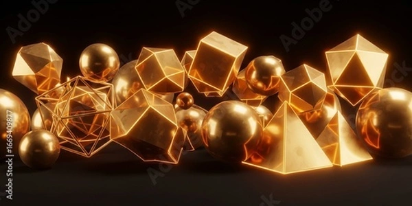Fototapeta 3D Render of Golden Cubes and Spheres Abstract Composition on Black
