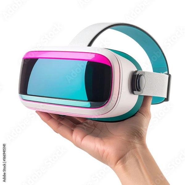 Fototapeta Hand Holding Modern Futuristic VR Headset with Neon Pink and Cyan Visor – Isolated on Transparent Background