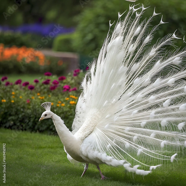 Fototapeta A majestic white peacock spreading its feathers in full display, standing in a lush green garden with colorful flowers in the background, clear and detailed.