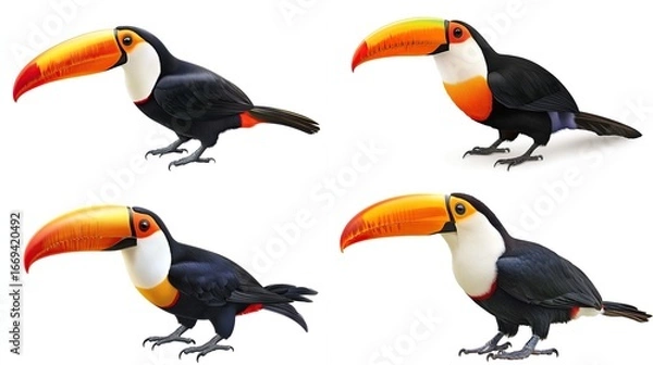 Fototapeta Collection of realistic toucan bird illustrations on a clean white background creating a visual