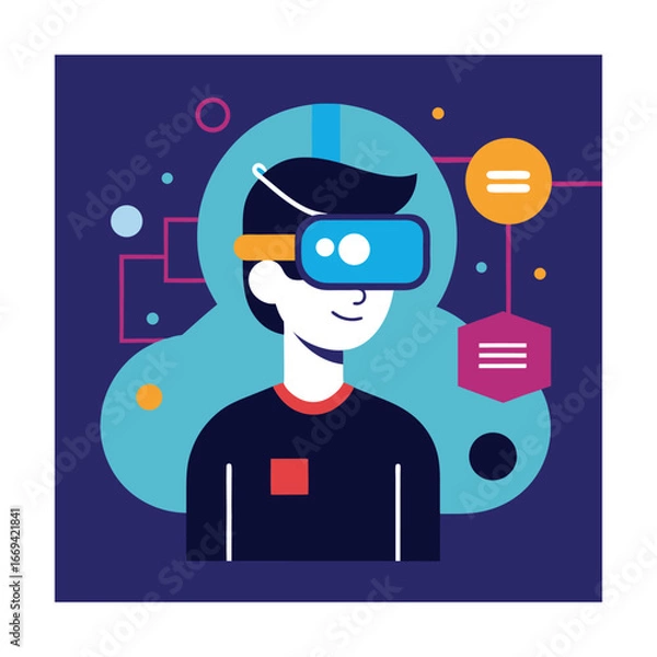 Fototapeta Person wearing VR headset with digital network connections