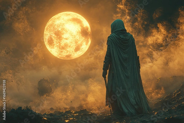 Fototapeta Lone Warrior Standing Guard at Surreal Sci-Fi Outpost