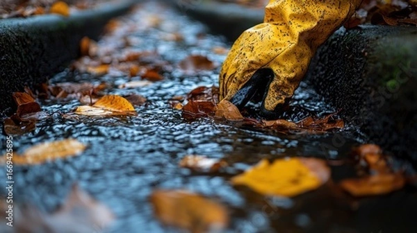 Fototapeta Hand in yellow glove collecting fallen leaves in a stream
