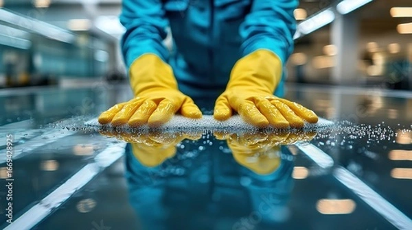 Fototapeta Person cleaning glass surface with sponge and gloves