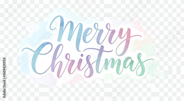 Obraz Merry Christmas wishes in elegant watercolor calligraphy on colorful pastel splash, perfect for holiday greeting cards and festive designs, evokes joy