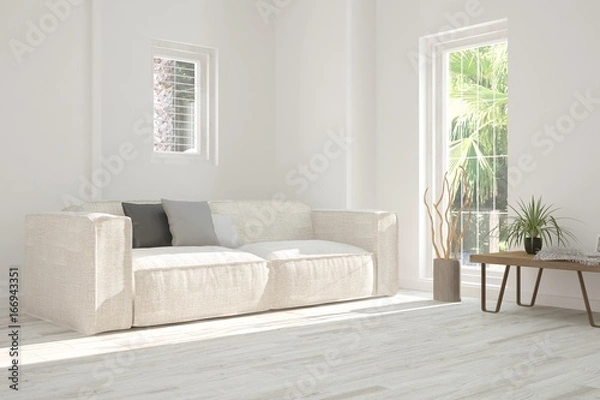 Fototapeta Idea of white room with sofa and summer landscape in window. Scandinavian interior design. 3D illustration