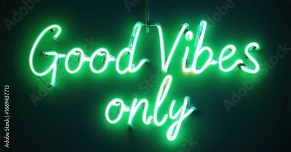 Fototapeta Bright green neon sign displays positive message. Text reads Good Vibes only against dark background. Simple, modern aesthetic.