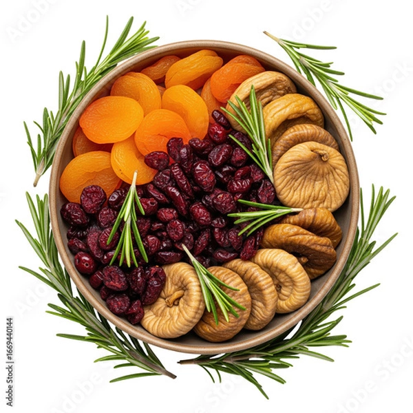 Fototapeta A colorful mix of dried apricots, cranberries, and figs presented in a bowl, garnished with fresh rosemary. Perfect for healthy snacks, holiday spreads, or gourmet food concepts.