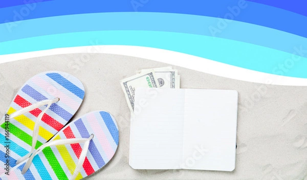 Fototapeta Colorful flip flops and classic notebook with money