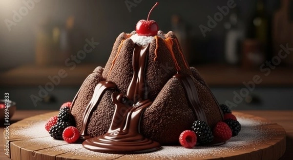 Obraz Indulge in a stunning chocolate volcano cake with fresh berries and a bright cherry on top for a delicious dessert
