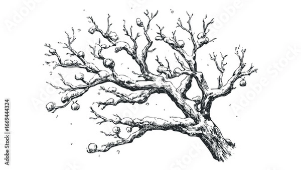 Fototapeta Sketch of a bare winter tree with snow-covered branches and hanging fruit. Vector hand drawn illustration