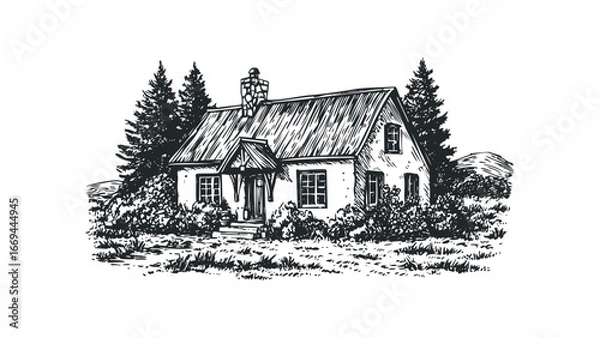 Obraz Sketch of a Rustic Wooden Cabin Surrounded by Trees and Foliage. Vector hand drawn illustration