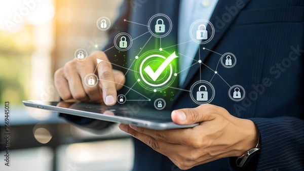 Fototapeta Businessman uses tablet to manage secure digital network, connecting user profiles and data with verified checkmark icon