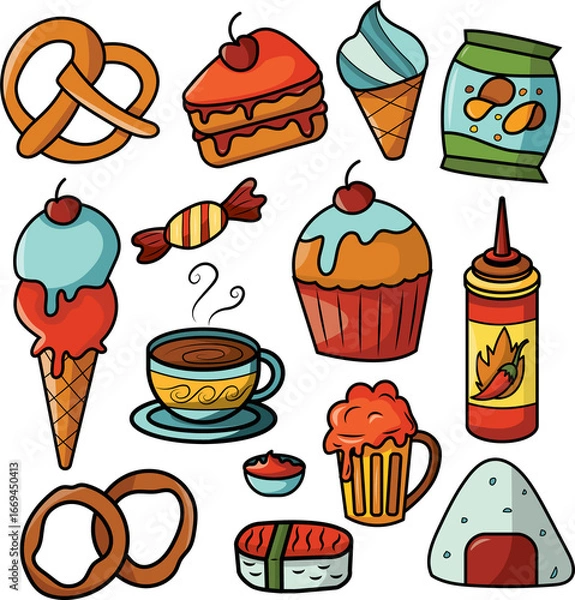 Fototapeta Delicious Fast Food Icons A Collection of Cute and Colorful Illustrations