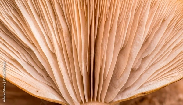 Fototapeta Close-up of pale, fan-shaped mushroom gills, exhibiting intricate, parallel lines
