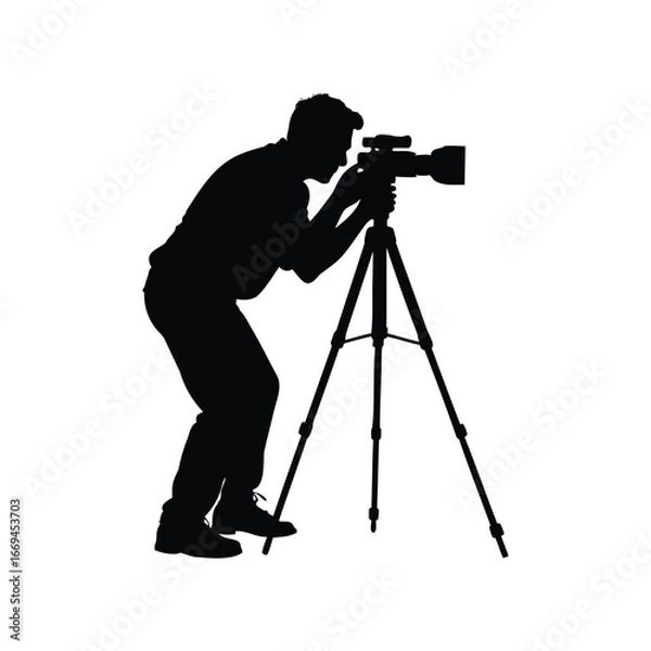 Fototapeta Silhouette of a photographer operating camera on tripod, ready to take photo, photographer using camera on tripod silhouette vector illustration