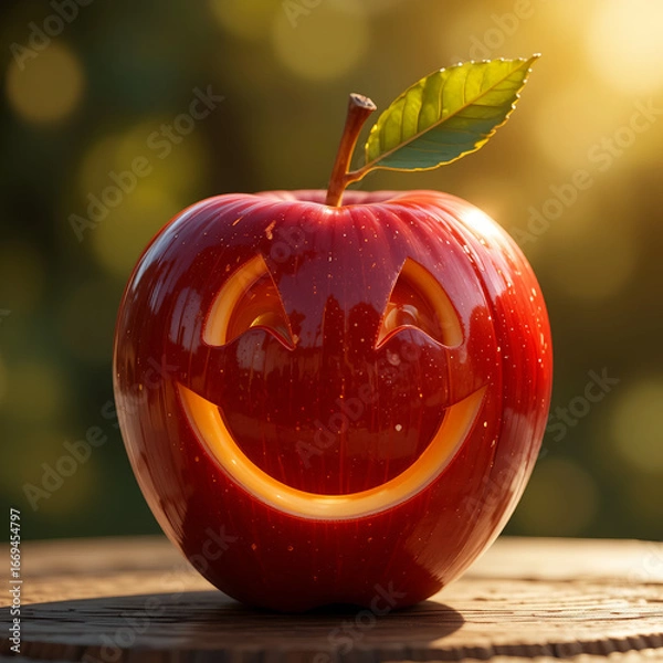 Fototapeta The Happy Apple – A Shiny Red Apple with a Carved Smiling Face in Warm Golden Light