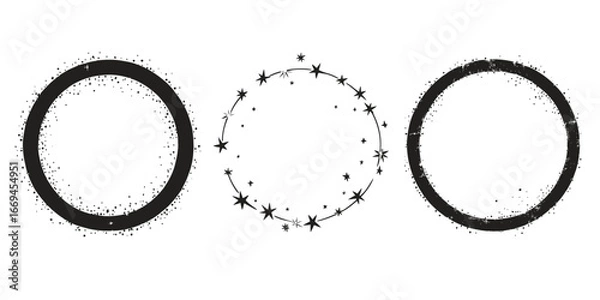 Fototapeta Set of three black circular frames with scattered stars, sparkles, and glitter texture borders in minimalist flat vector style for decorative design elements and festive themes