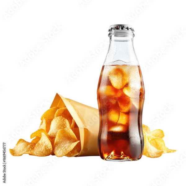 Fototapeta Mini glass soda bottle with ice and vintage potato chips bag, refreshing and nostalgic snack combination, isolated on transparency background, clear and crisp image