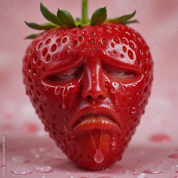 Fototapeta Sad Strawberry – A Realistic Strawberry with a Human Face Showing a Sad Expression