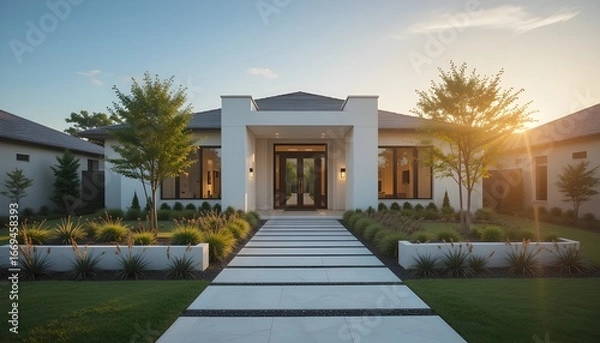Fototapeta A tranquil residential entryway with a modern aesthetic, featuring sleek lines, minimalist architecture, and elegant landscaping that's meticulously manicured during the golden hour of daylight in a s