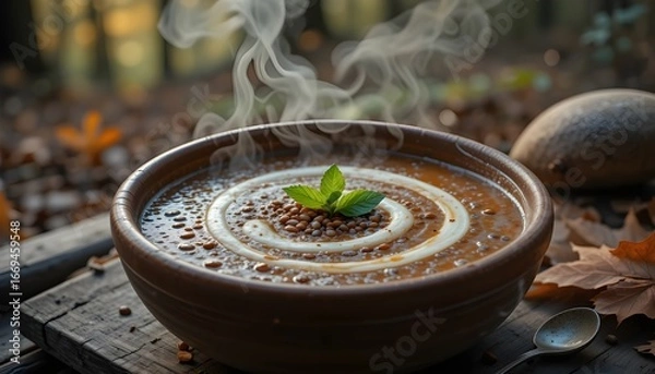 Fototapeta A warm and inviting bowl of creamy red lentil soup, garnished with a dollop of rich coconut cream and a sprinkle of fragrant fresh mint leaves, sits atop a worn terracotta plate on a rustic wooden tab