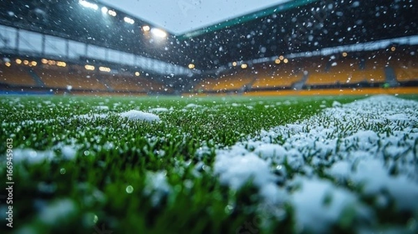 Fototapeta Snowy soccer field at stadium