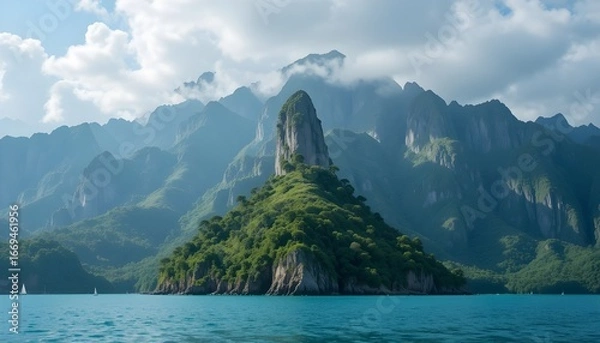 Fototapeta A serene tropical island set against a majestic backdrop of rugged mountains, with a crystal-clear turquoise lagoon gently lapping at its sun-kissed shores, and a few scattered palm trees swaying in t