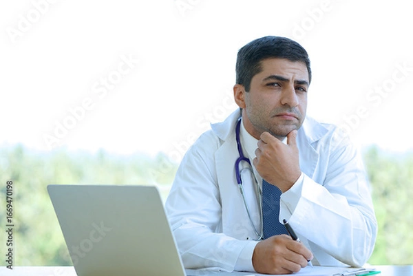 Fototapeta Senior doctor in a white coat sits at his desk, lifting his chin in thought.