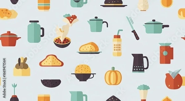 Fototapeta Seamless pattern with flat vector icons of food and kitchenware, minimal design, solid colors.
