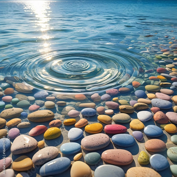 Fototapeta Colorful Smooth Pebbles on a Beach with Water Ripples