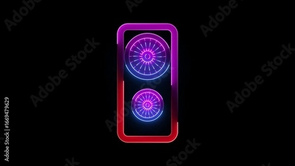 Obraz Stereo sound system with two speakers neon glowing icon
