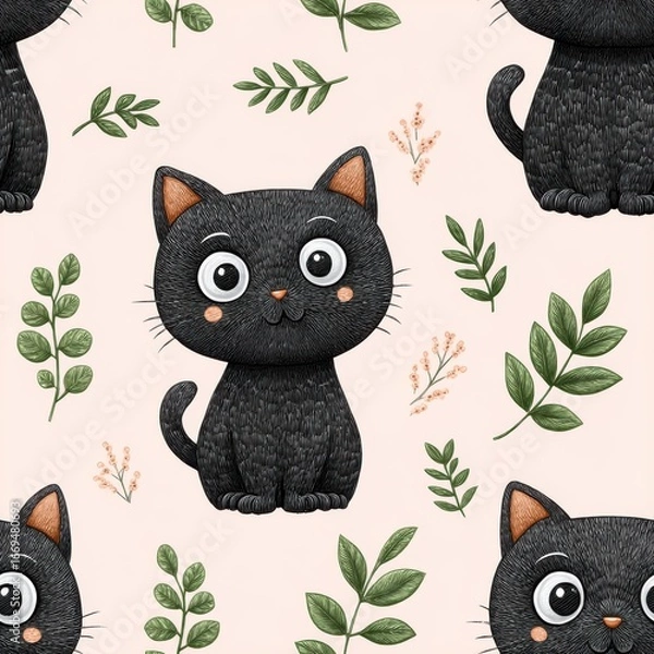 Fototapeta Adorable Black Kitten Seamless Pattern with Pink Floral Background