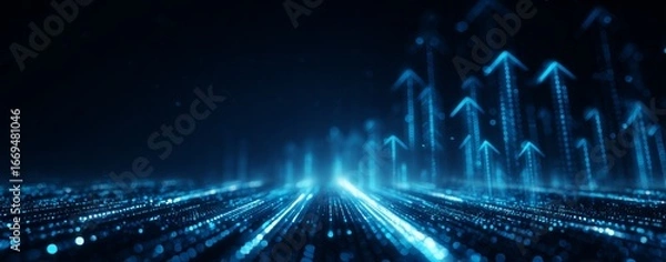 Fototapeta Digital background with glowing arrows pointing upwards on dark blue light track symbolizing technology progress and growth.