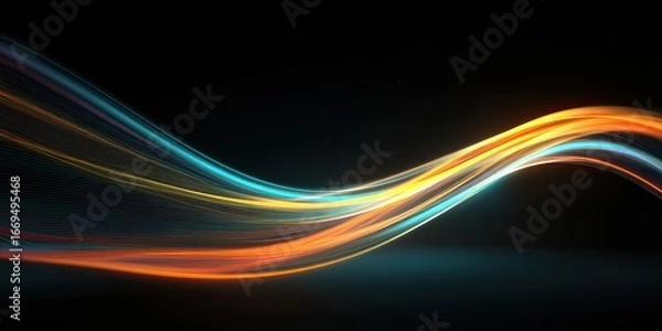 Fototapeta Abstract flowing light trails in vibrant orange and teal hues against a deep black background