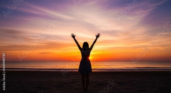 Fototapeta A woman standing on a beach with her arms raised, enjoying the sunset.