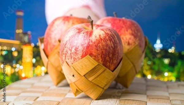 Obraz Three red apples in a small woven basket sit on a woven placemat with a blurred city skyline in the background