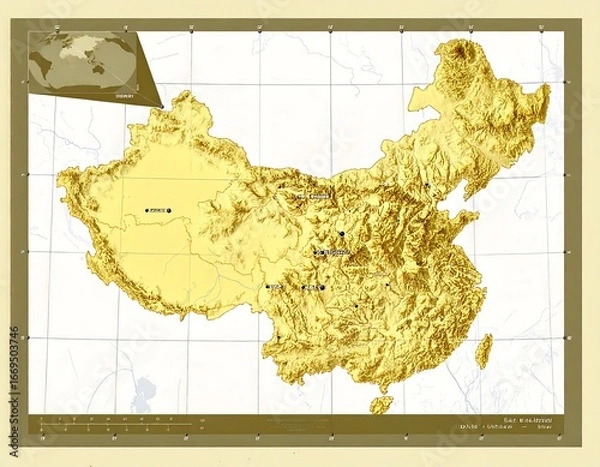 Obraz Topographic map of China, showing elevation and major cities