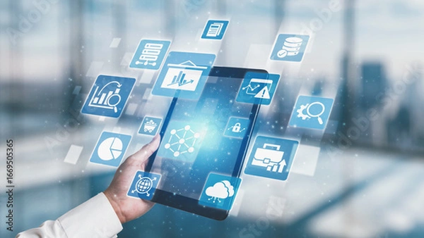 Fototapeta Data analytics and big data strategy for real-time analytics, predictive data modeling, business intelligence analytics, and data-driven decision-making in modern digital businesses. Spire