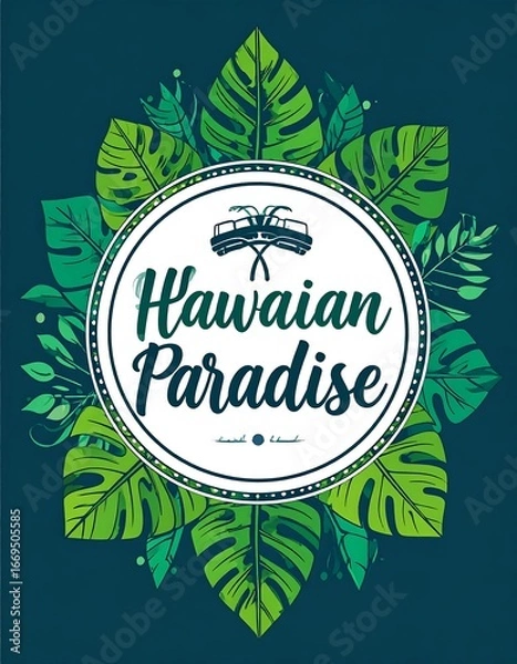 Obraz Tropical foliage circles a white emblem with "Hawaiian Paradise" in elegant script