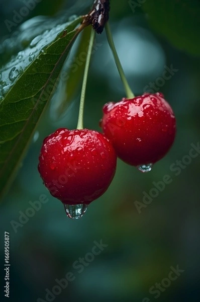 Obraz Two bright red cherries with water droplets hanging from a branch